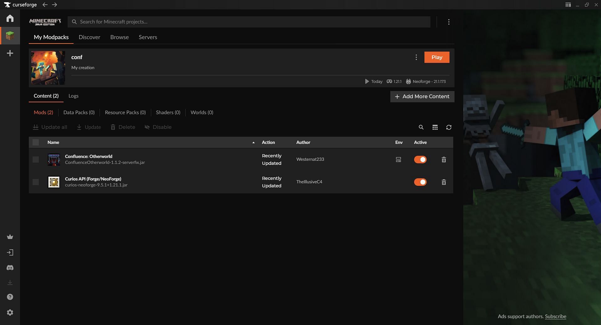 Use the Curseforge launcher to install the Minecraft Confluence: Otherworld mod (Image via Sportskeeda Gaming || Mojang Studios/Curseforge)